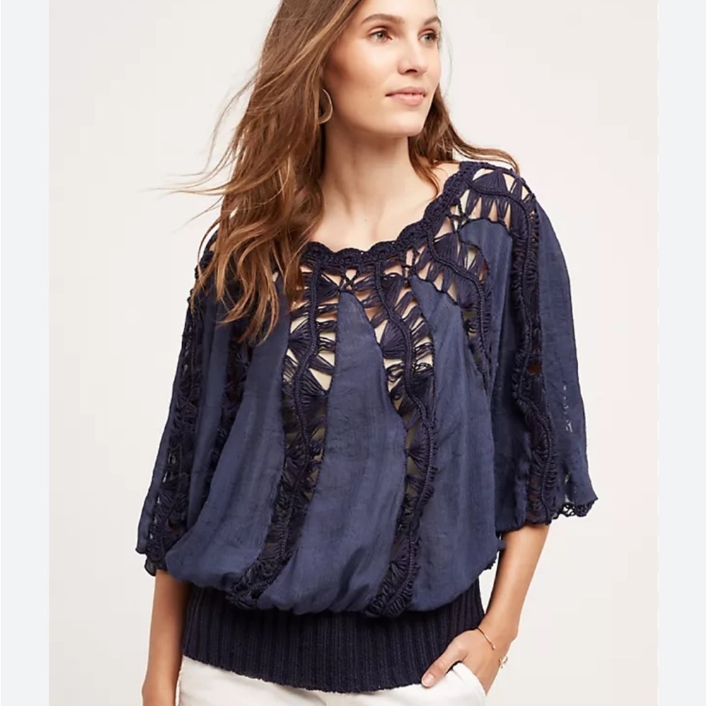 Anthropologie Tiny Sweetfern Peasant Top Navy Blue Crochet Cutout Top Size Xs